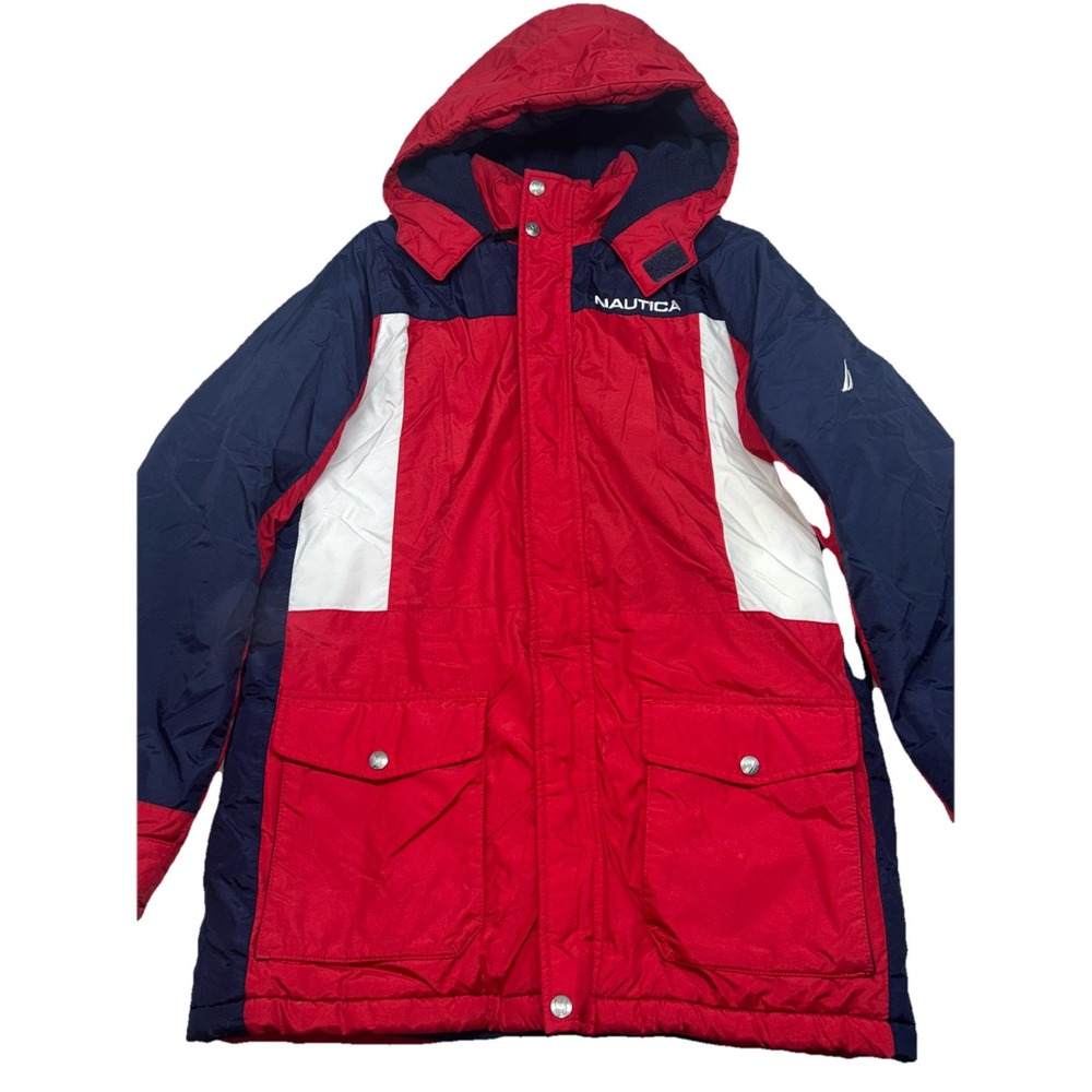 Vintage VTG Nautica Thick‎ Fleece Lined Hooded Coat, XL (18/20) Red/white/blue